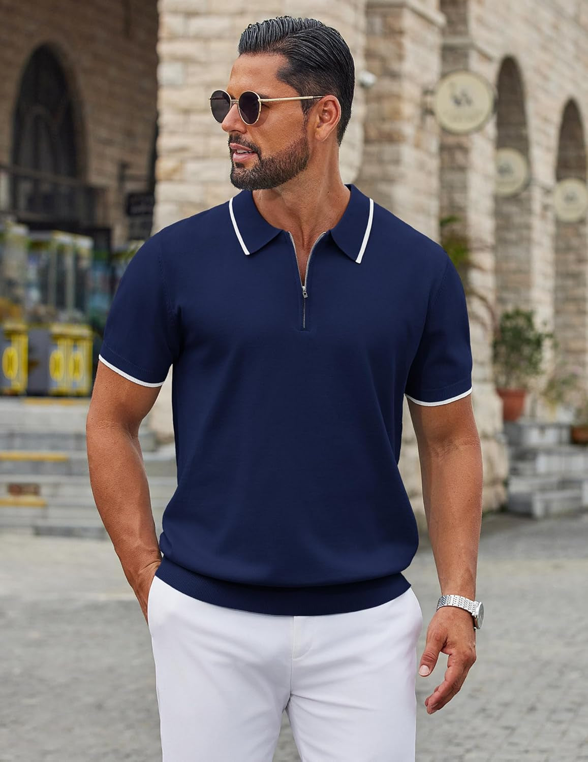 Men'S Zipper Polo Shirt Casual Knit Short Sleeve Polo T Shirt Classic Fit Shirts