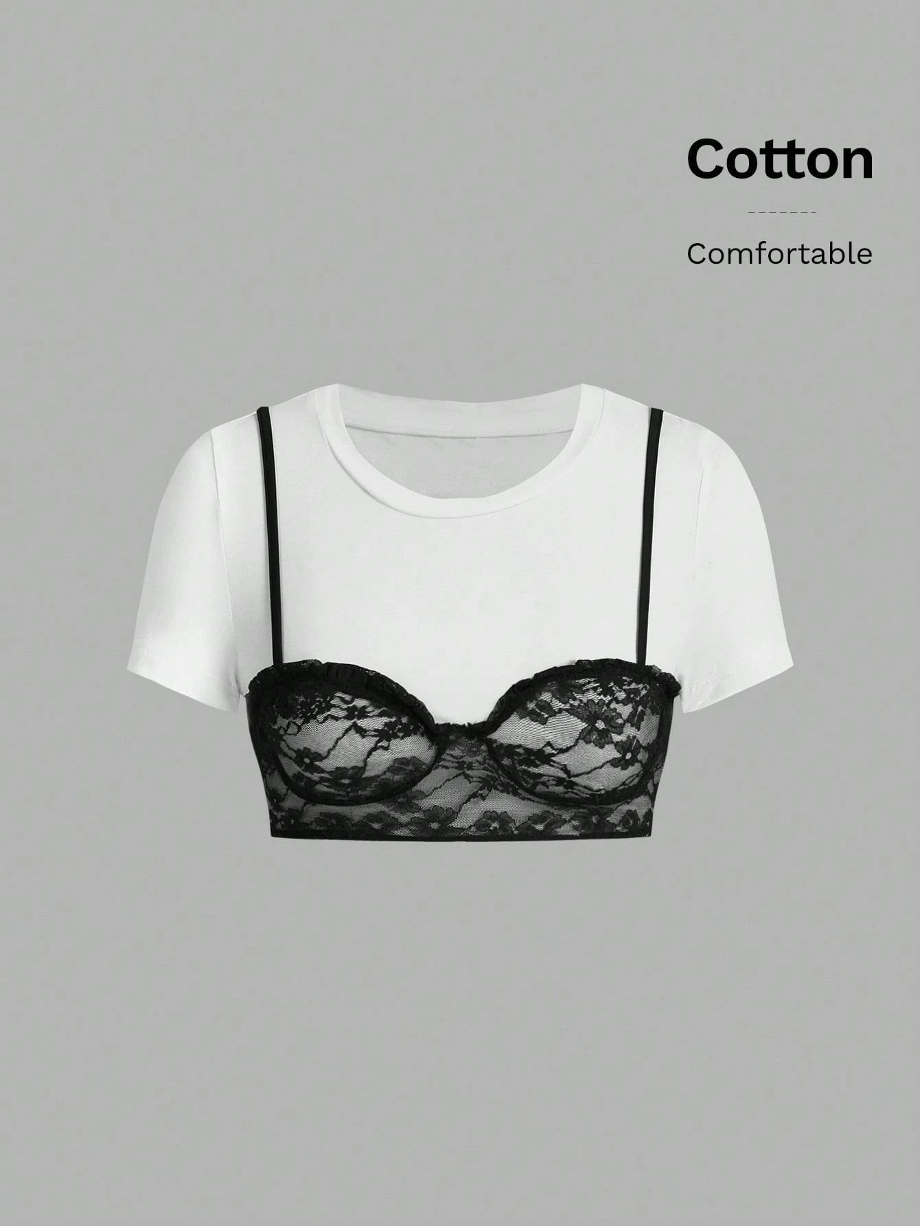 ICON Women'S Summer Crop Sleeve Contrast Lace Cropped T-Shirt with round Neck