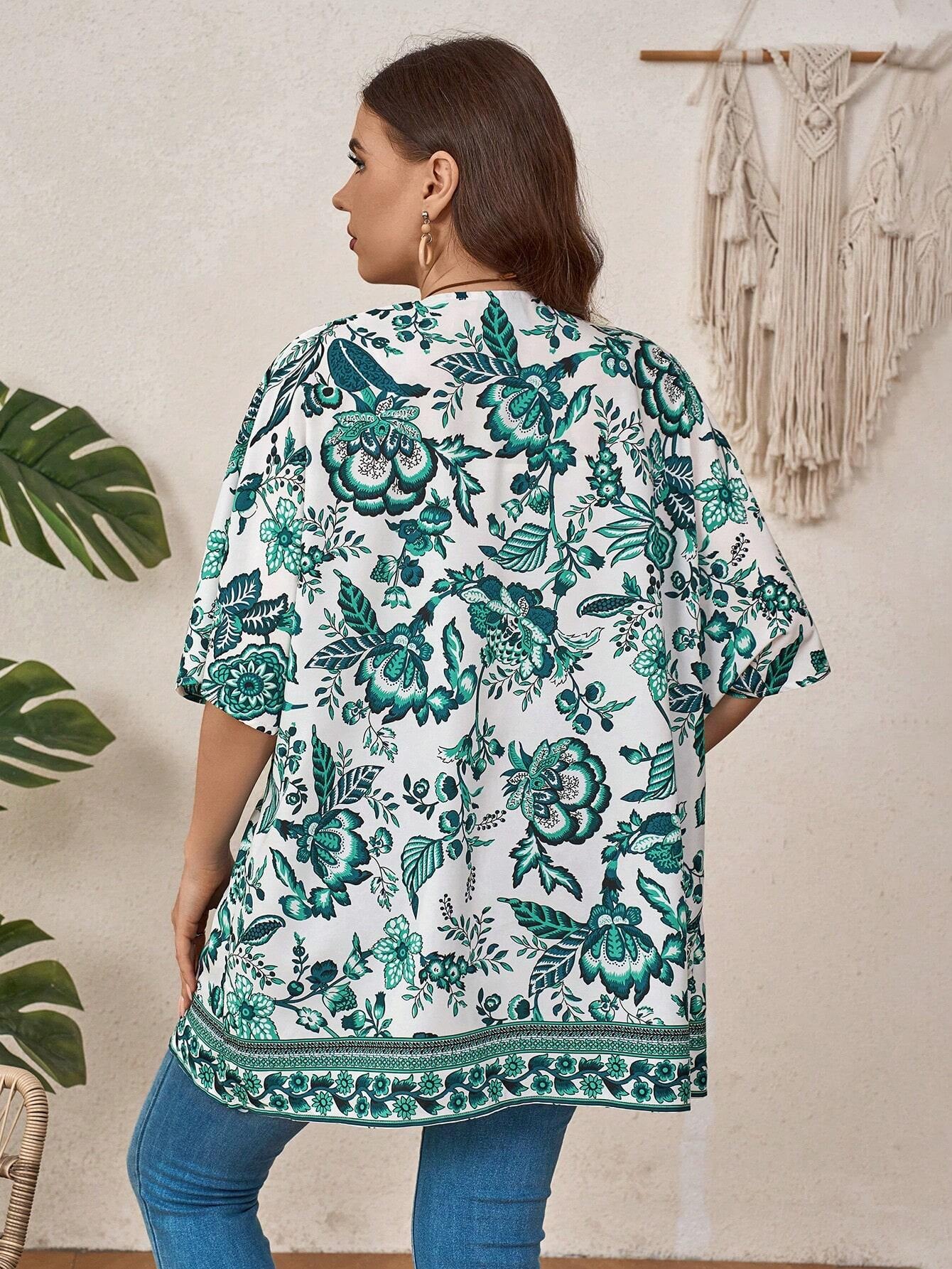 EMERY ROSE plus Size Women Floral Print Half Sleeve Open Front Kimono for Vacation for Summer Beach Vacation
