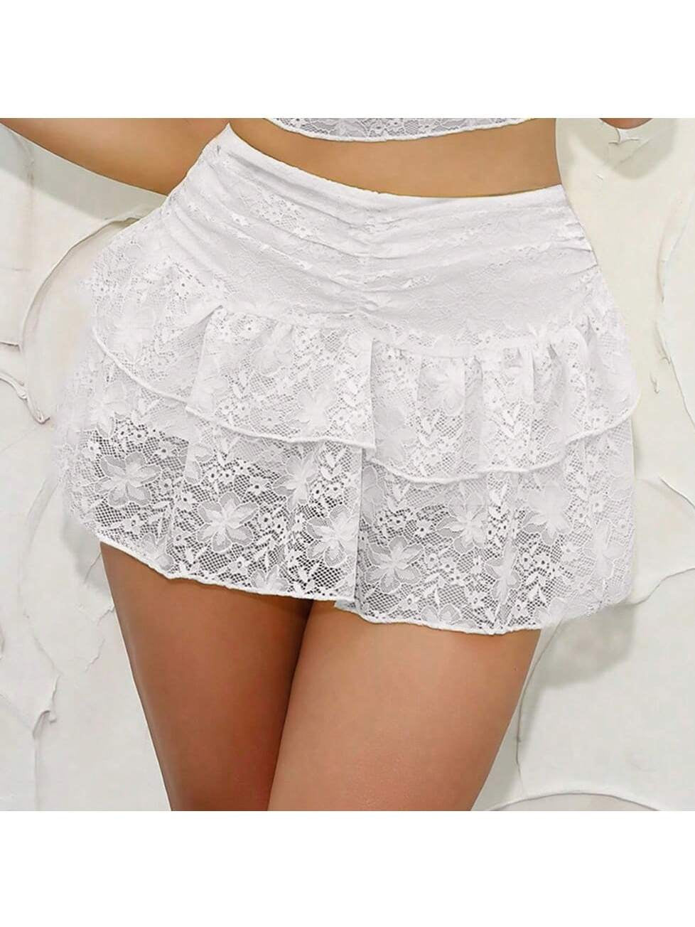 Women'S Lace Ruffle Drawstring Pleated Cute Cake Mini Skirt, Suitable for Gathering, Shopping, Party, White
