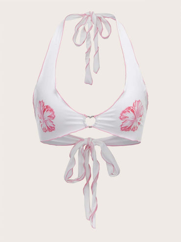 ICON Floral Print Heart Ring Detail Backless Knot Halter Top