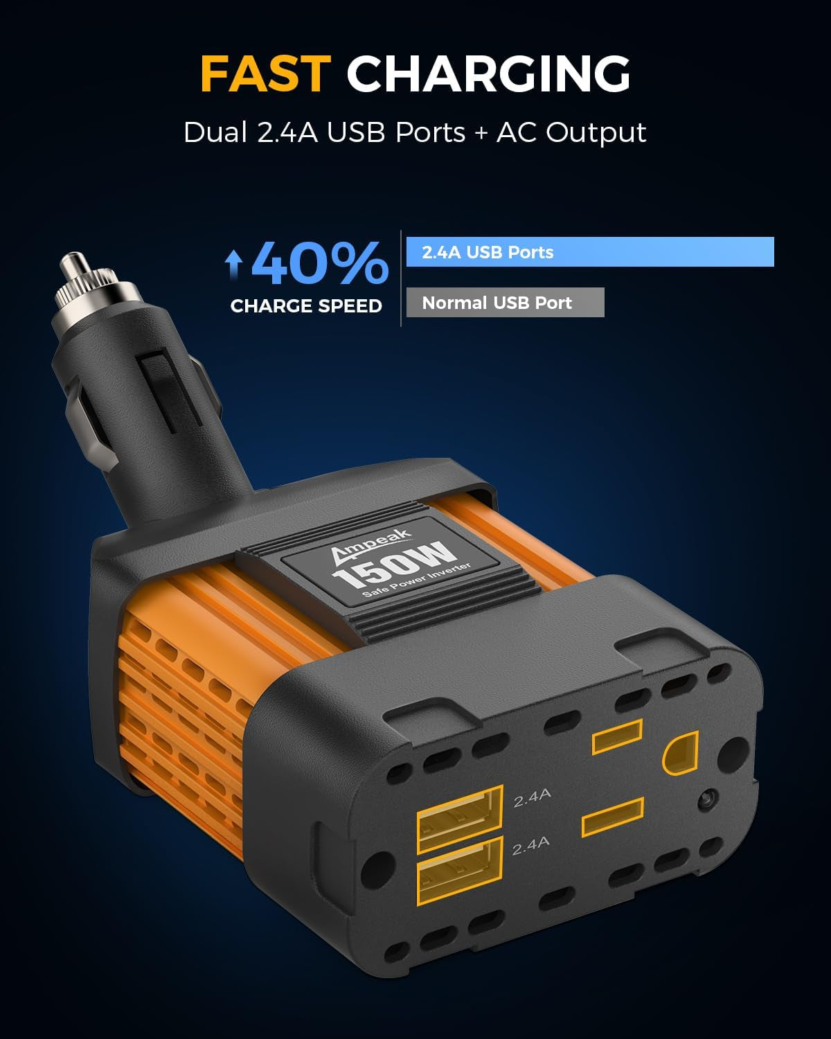 150W Car Power Inverter 12V DC to 120V AC Converter Plug in Adapter with 4.8A Dual USB Ports AC Outlet 11 Safe Protections Cigarette Lighter Adapter Car Laptop Phone Charger for Vehicles