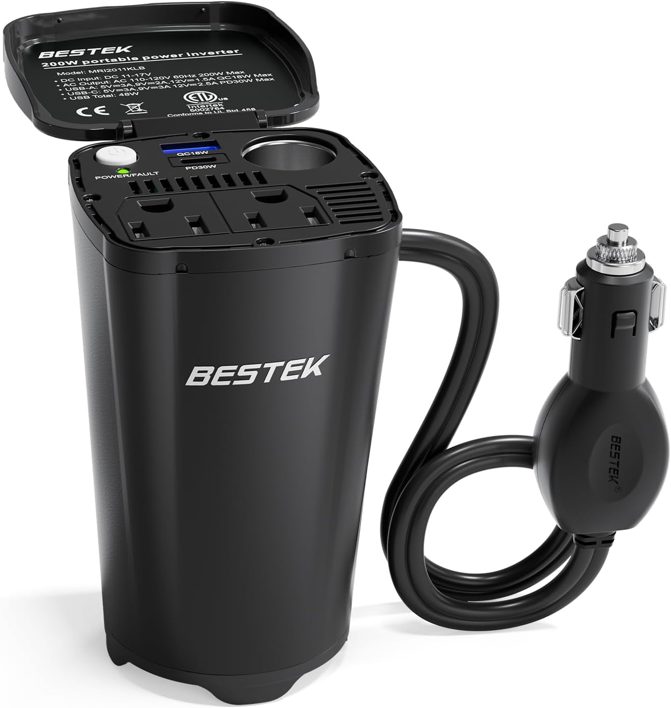 BESTEK Inversor de corriente de 200 W, adaptador de toma de corriente de enchufe de coche de 12 V CC a 110 V CA