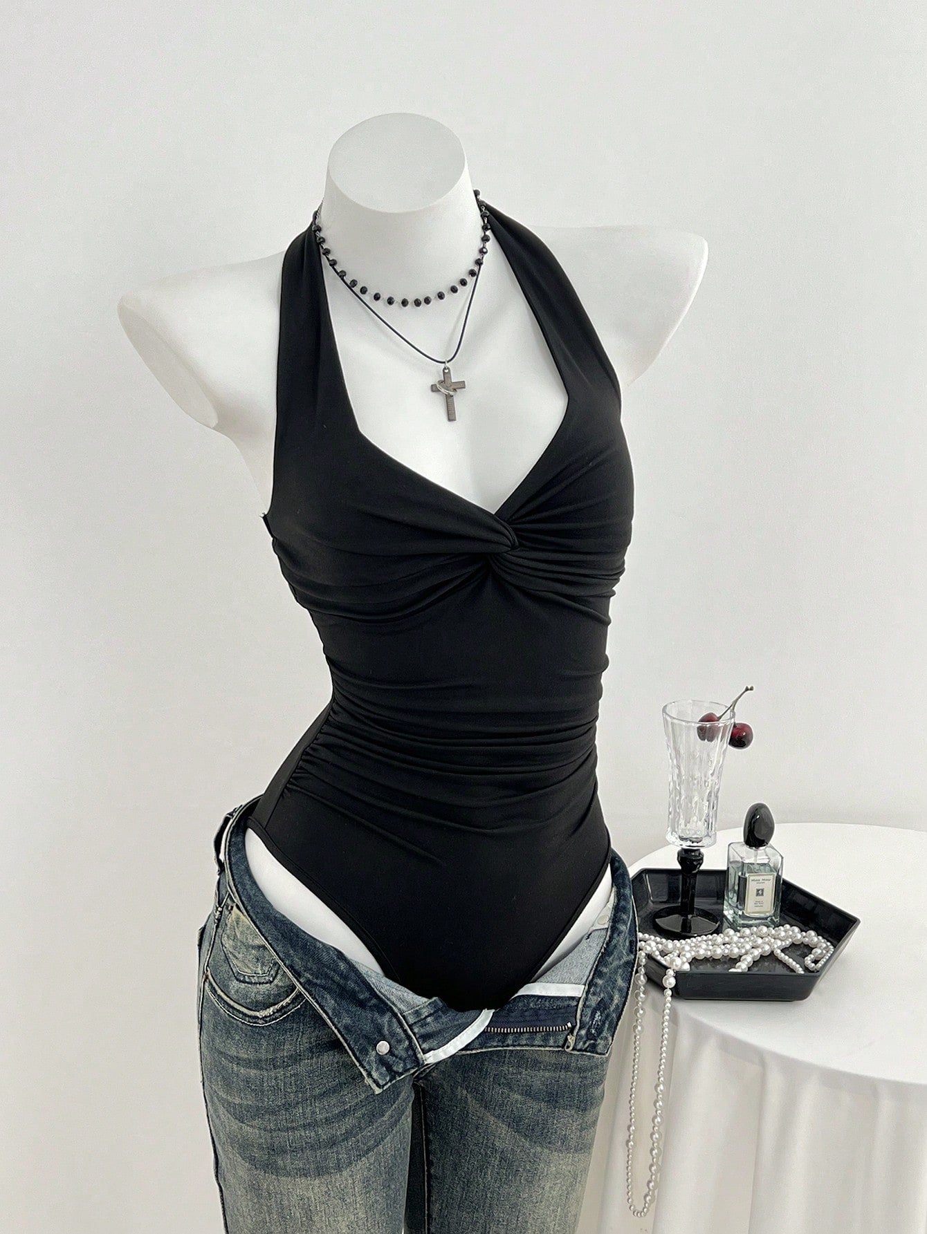 Elamini Women'S V-Neck Front Twist Casual Bodysuit, Sexy & Minimalist, Spring/Summer
