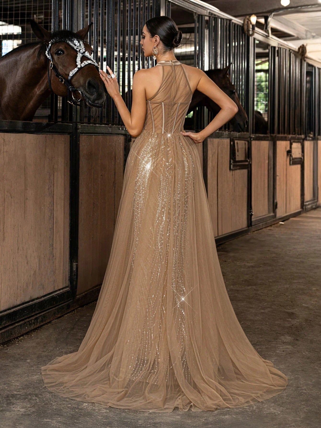 Sparkling Beads Party Formal Dress Sequins Embellishment Evening Gown Solid Color Semi-Translucent Women Halter Mermaid Hem Backless Maxi Dresses