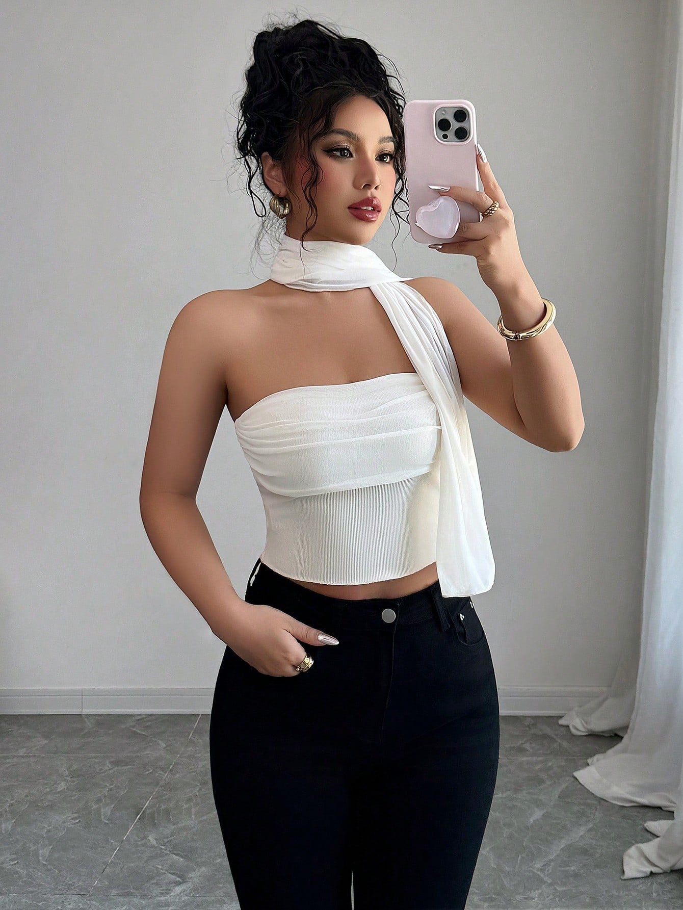 Elenzga Elegant Mesh Chiffon Ruffle Bandeau Blouse for Women