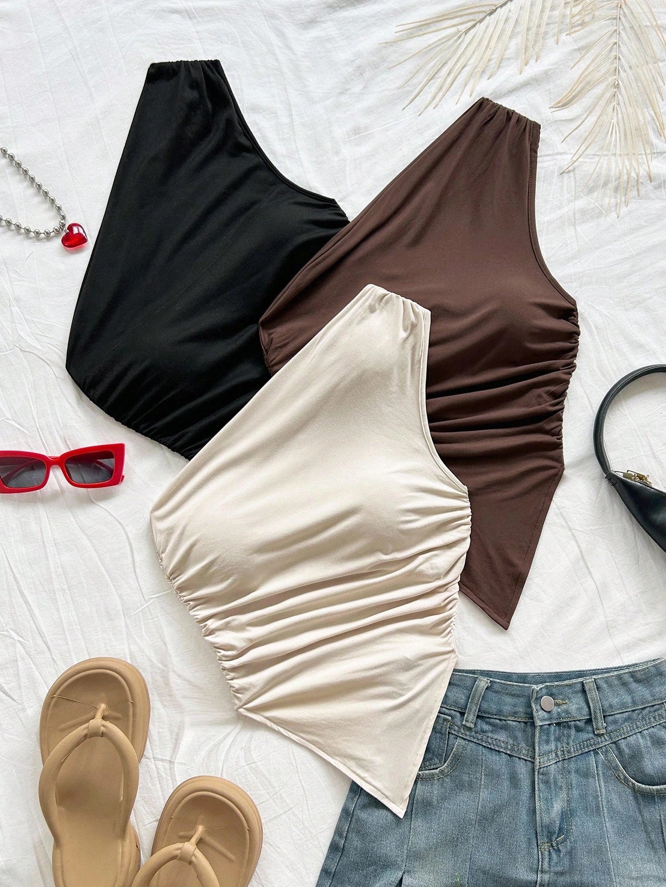 Soleia 3Pcs Women'S Vacation Casual Asymmetric Hem Asymmetrical Shoulder Top, Summer 2 Pieces Set, Suitable for Back to School, Afternoon Tea, Casual, Beach Wedding Guest, Graduation Brunch, St. Patrick'S Day, Spring Break, Easter, Music Festival, Elegant Boho Tropical, Brown, Black, Apricot