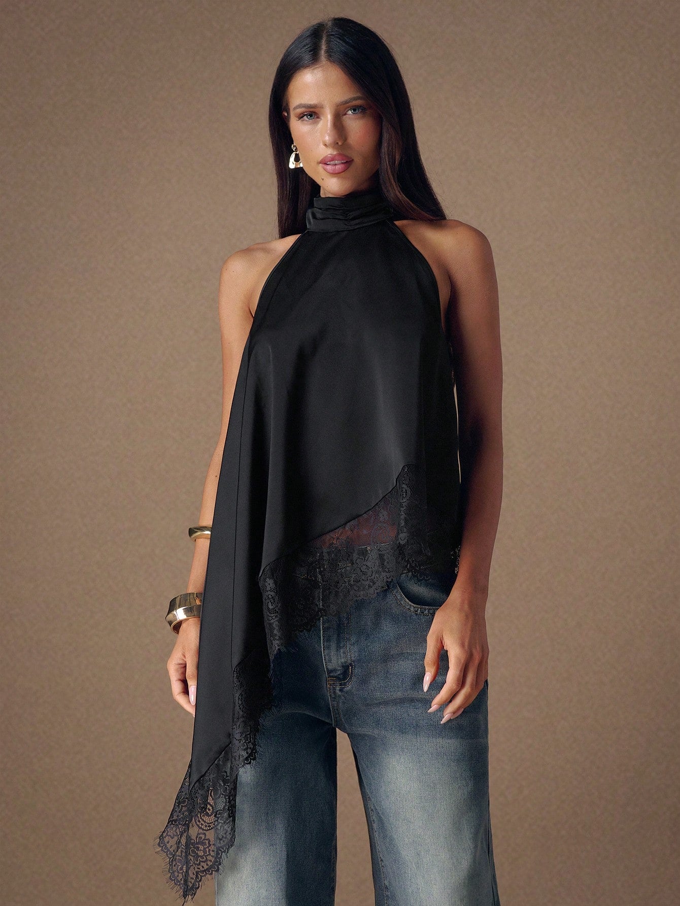 BAE Elegant Lace Trim Backless Camisole Top, Sexy Satin Patchwork Sleeveless Blouse for Party, Cocktail, Formal Occasions, Business Casual