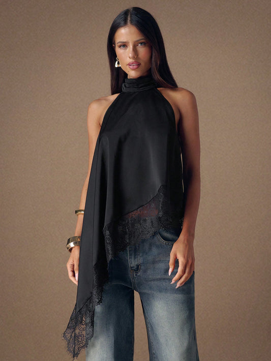 BAE Elegant Lace Trim Backless Camisole Top, Sexy Satin Patchwork Sleeveless Blouse for Party, Cocktail, Formal Occasions, Business Casual