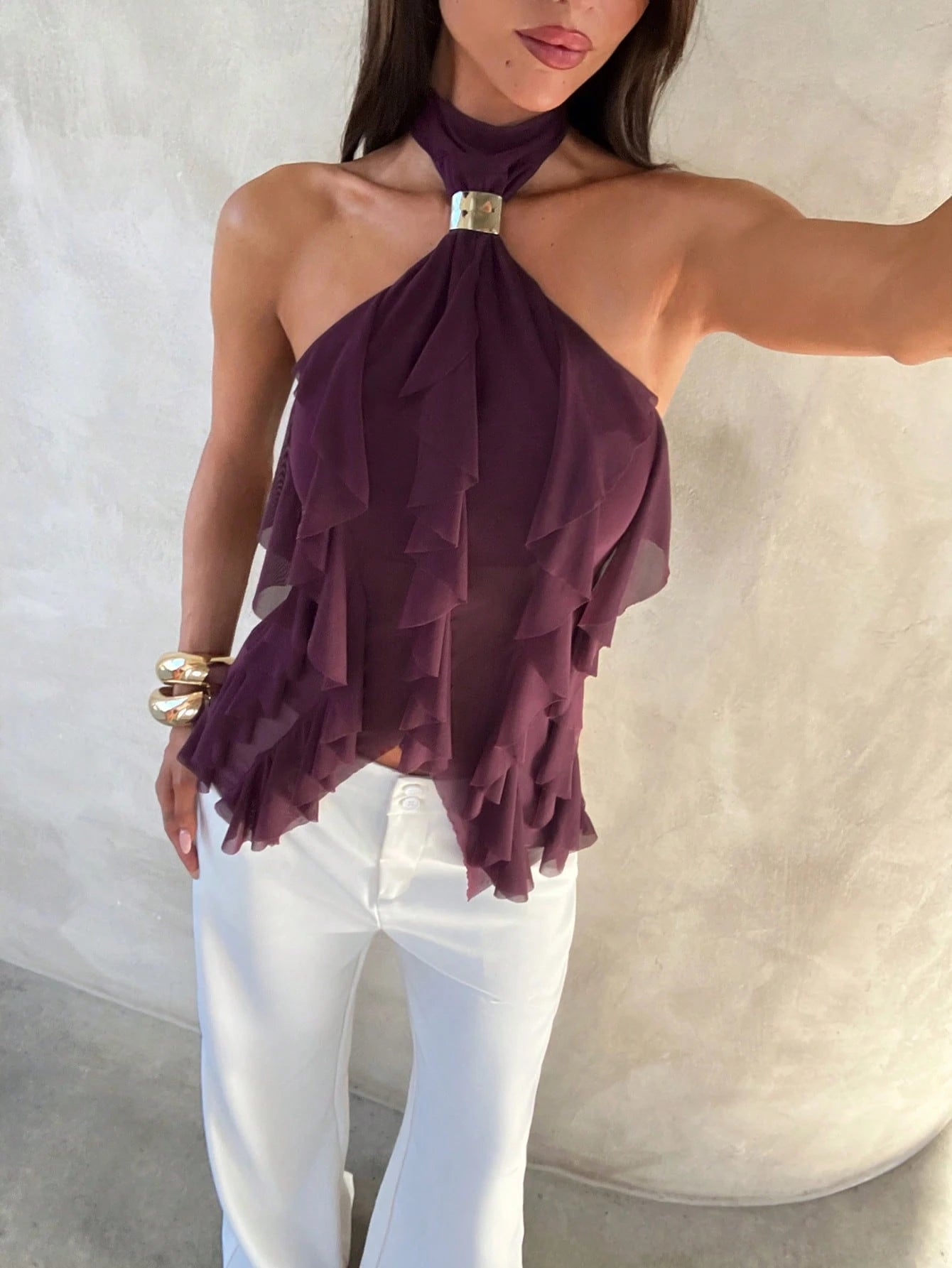 Aloruh Women'S Elegant Multi-Layer Ruffle Trim Stand Collar Fitted Tank Top Purple