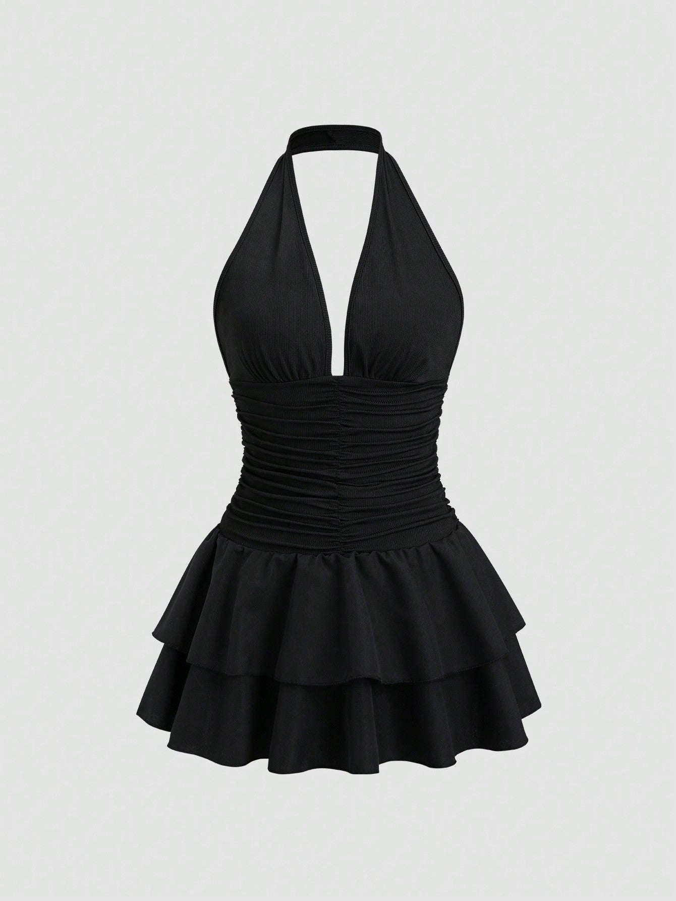 Sweetra Black Knit & Woven Patchwork V-Neck Ruffle Backless Mini Dress with Ruched Waist, Simple & Elegant for Vacation Casual Daily Wear, Spring/Summer for Women