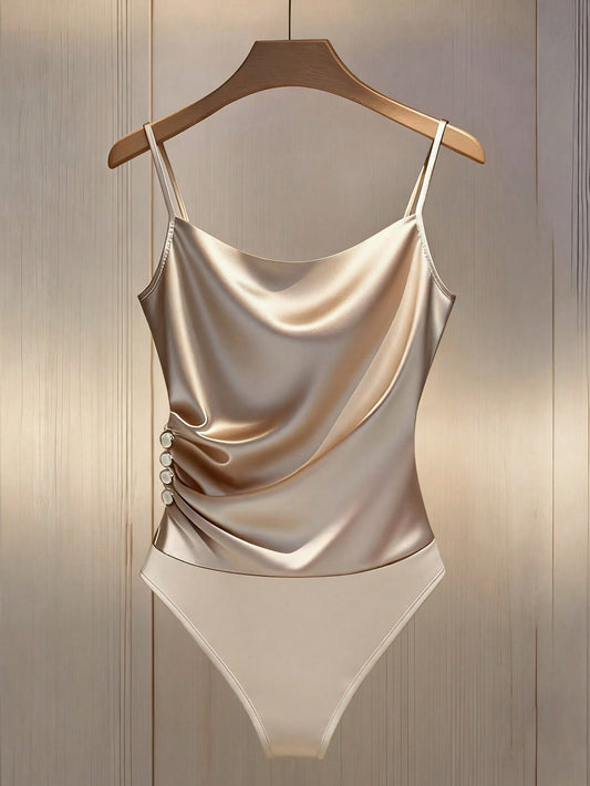 Franclia Women'S Sleeveless Ruffle Trim Snap Closure Fitted Bodysuit Metallic Swimsuit One Piece Gold Swimsuit Cream Bathing Suit Beige Swimsuit Bathingsuit