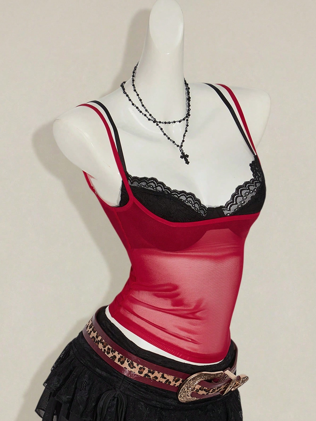 ICON Women'S Red Sheer Lace Camisole Crop Top Vest