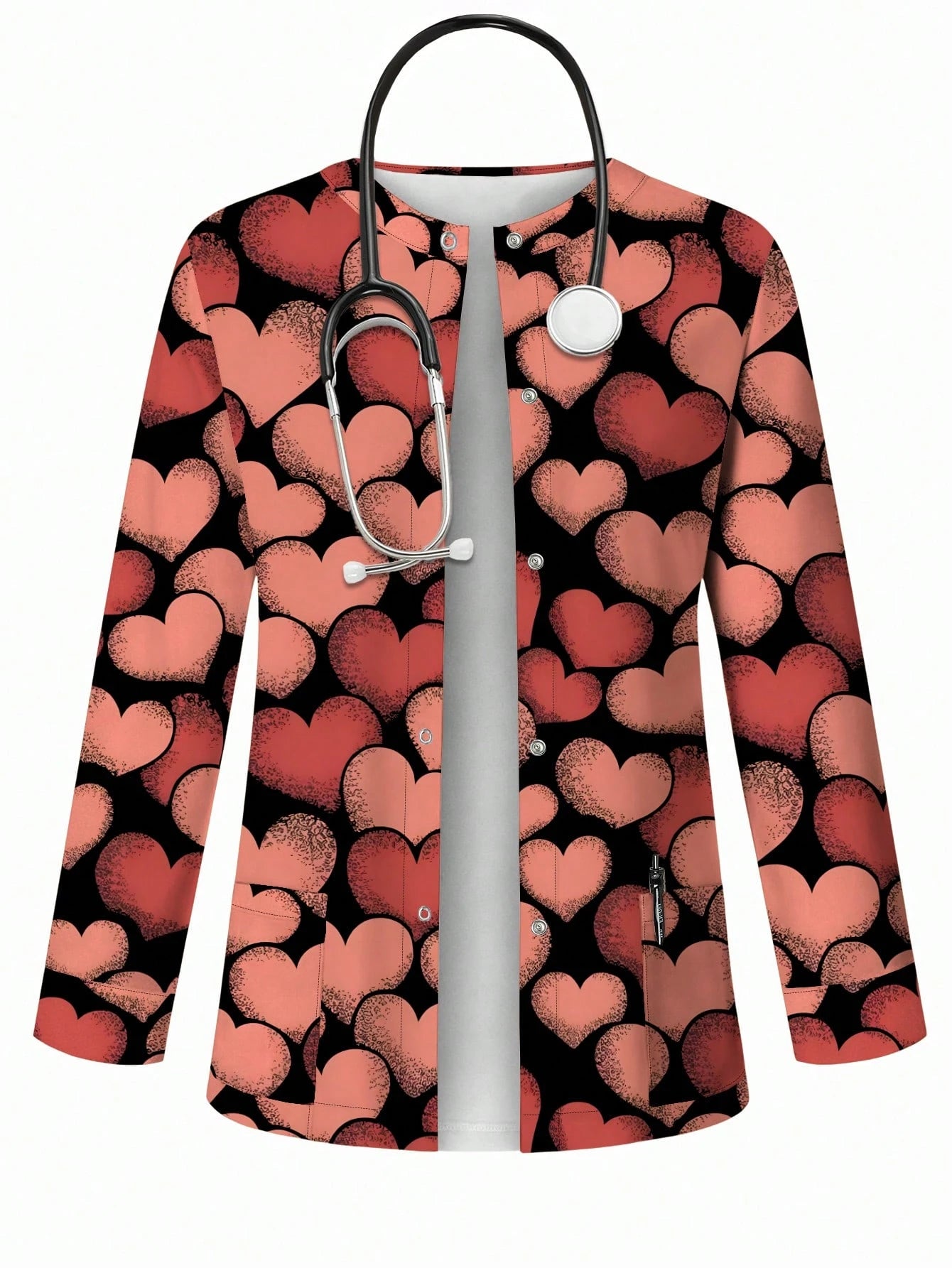 Popscrub Women'S Casual Heart Print Cardigan Jacket, Suitable for /Nursing Uniforms, Spring/Summer Valentine'S Day