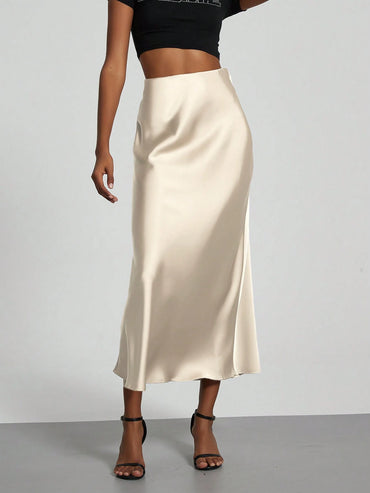 Se-Helo Fashion Women'S Elastic Satin Finish Maxi Skirt - Beige