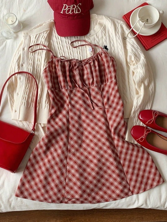 Comfortcana Fashionable Sexy Red Plaid Mini Dress for Women Winter Clothes for Women Christmas New Year Women Elegant