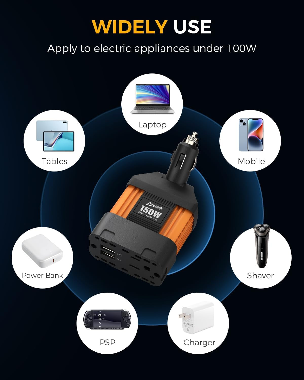 150W Car Power Inverter 12V DC to 120V AC Converter Plug in Adapter with 4.8A Dual USB Ports AC Outlet 11 Safe Protections Cigarette Lighter Adapter Car Laptop Phone Charger for Vehicles