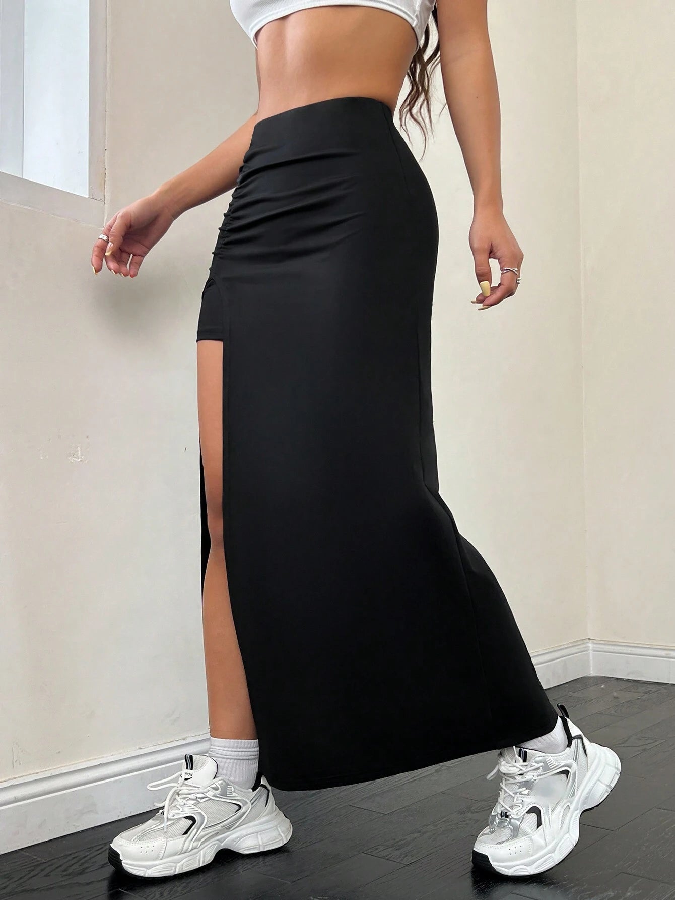 Ezwear Solid Color Pleated Split Skirt,Ladies Casual Ruched,Split Thigh Midi Skinny Natural Black Plain Women Skirts,Spring/Fall,Casual Daily Wear