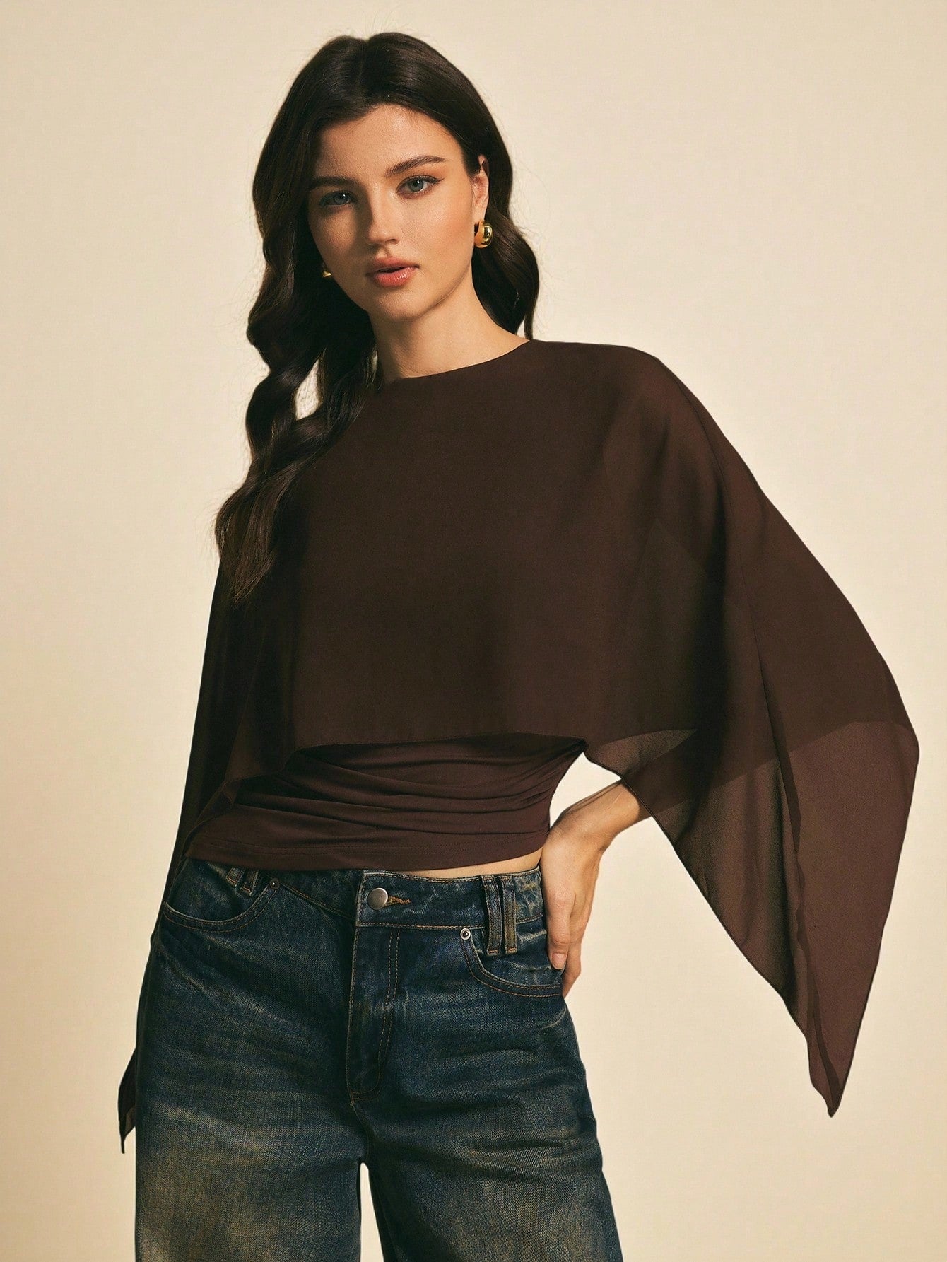 PoéSelle Women'S Brown Shawl Collar Casual Top,Elegant Blouses for Women ,Casual Women Outfits, New Year'S Outfit for Women,Suitable for Daily Wear, Going Out, Commuting Fall/Winter, Batwing Sleeve Top, Coffee Brown Top, Dark Brown Top,