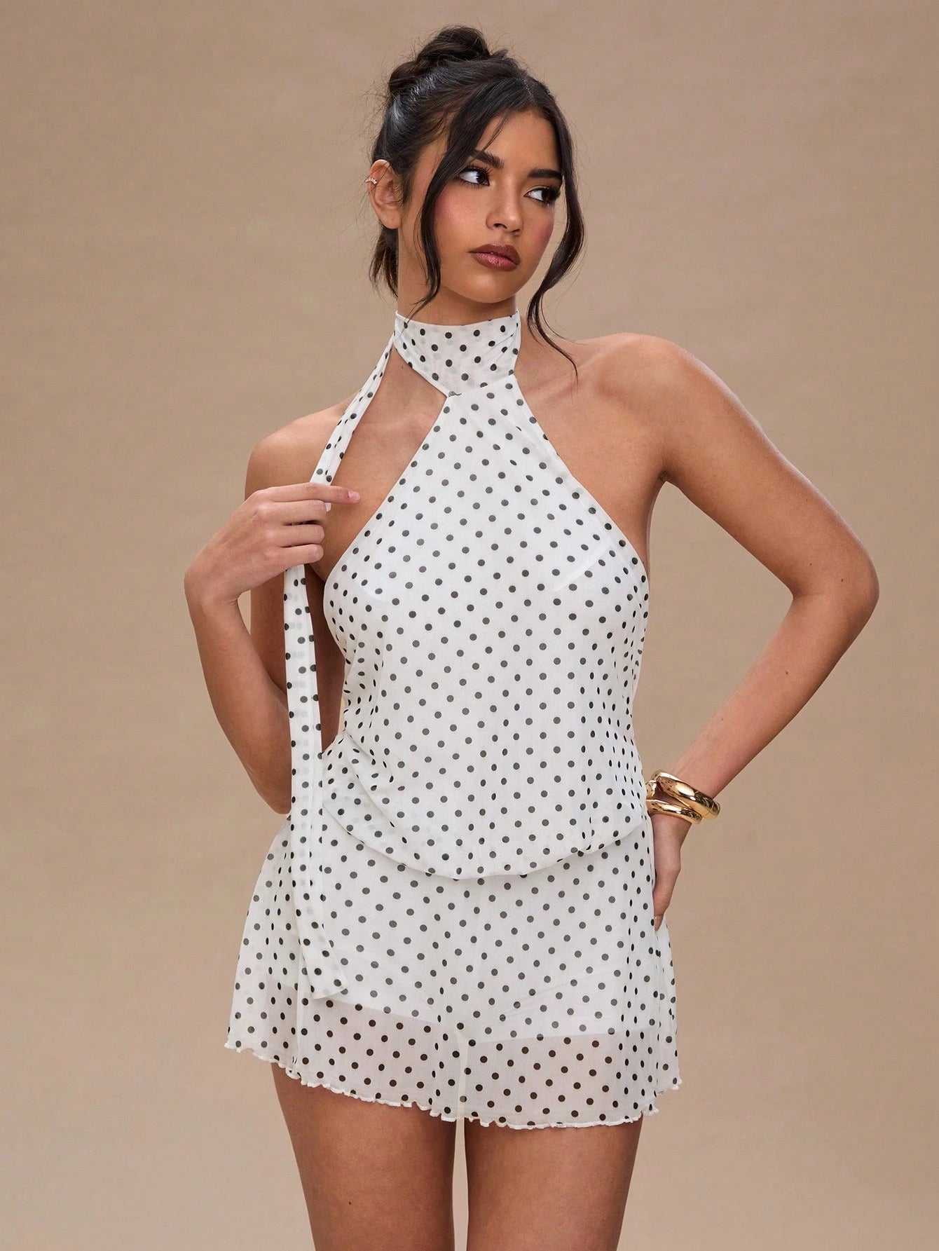 BAE Women'S Vacational Polka Dot Printed Fashion Halter Mini Dress,Rave Outfits Festival,Summer Dresses for Women,White Dresses for Women,Polka Dot Dress