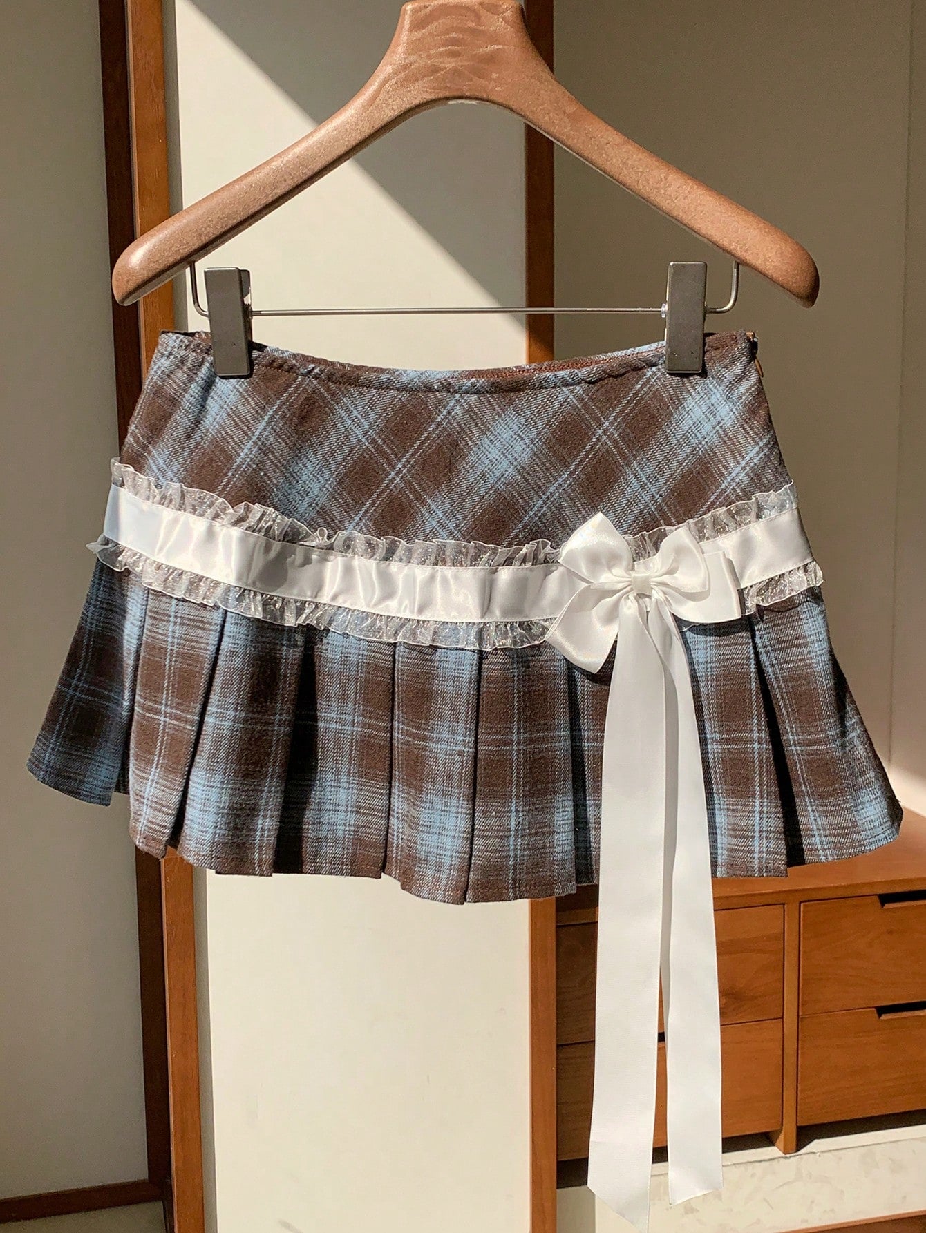 Comfortcana 2025 New Fall and Winter Women'S Plaid Lace Bow Decor Fashionable School Style Pleated Skirt Christmas New Year Party Graduation Brown and Blue Skirt