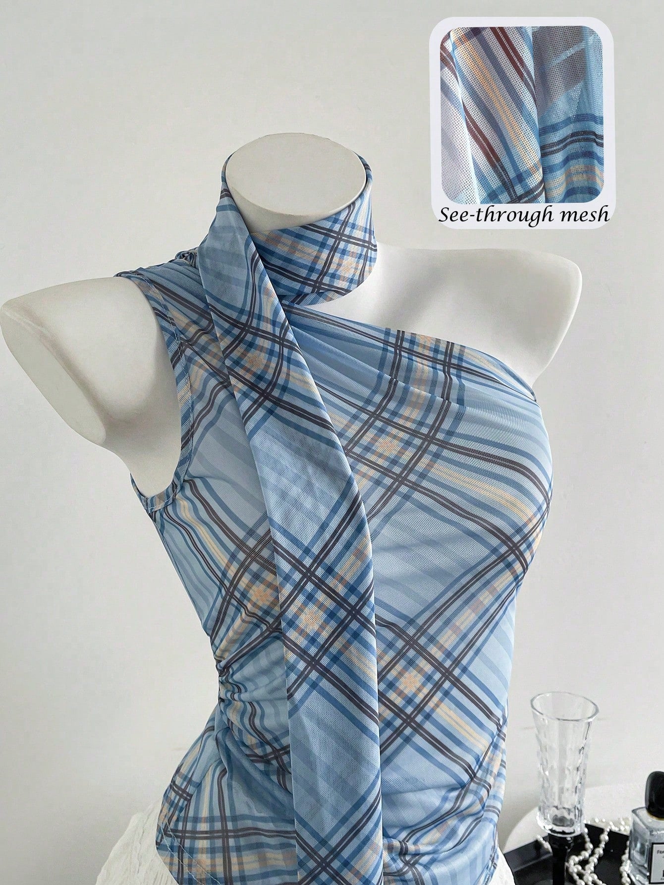 Elamini Women Summer Casual/Vacation Sleeveless Oblique Shoulder Lace Ruffled Tank Top, Blue Plaid