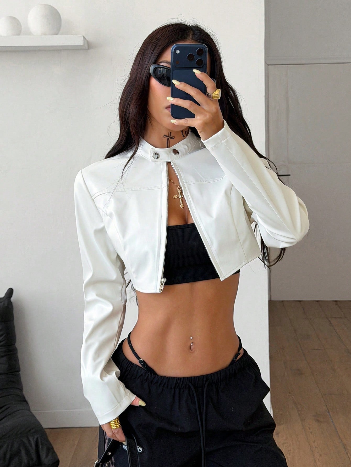 Coolane Women'S Winter Streetwear Rave Party Hippie Athleisure Y2K Basic Leather Comfortable Zip up Slim Fit Game Day White Crop Long Sleeve Coat