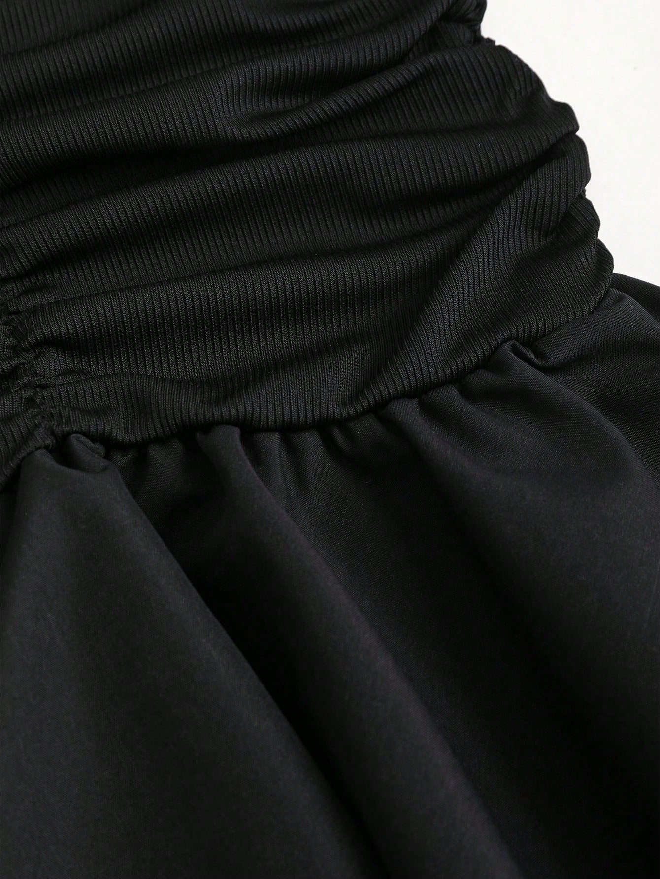 Sweetra Black Knit & Woven Patchwork V-Neck Ruffle Backless Mini Dress with Ruched Waist, Simple & Elegant for Vacation Casual Daily Wear, Spring/Summer for Women
