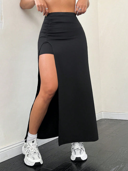 Ezwear Solid Color Pleated Split Skirt,Ladies Casual Ruched,Split Thigh Midi Skinny Natural Black Plain Women Skirts,Spring/Fall,Casual Daily Wear