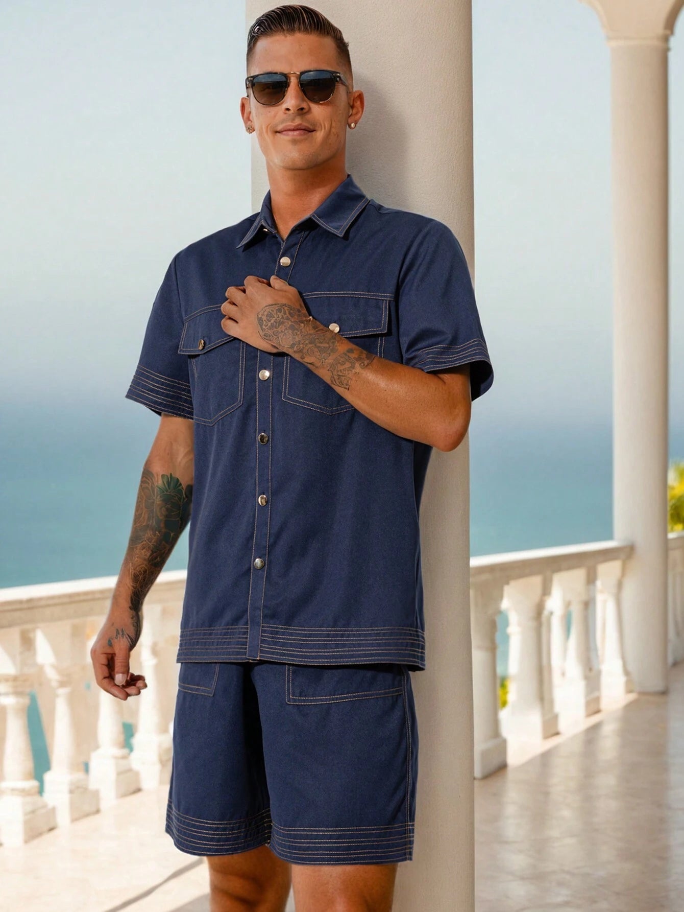 Men Spring/Summer Casual Short Sleeve Colorblock Shirt Set