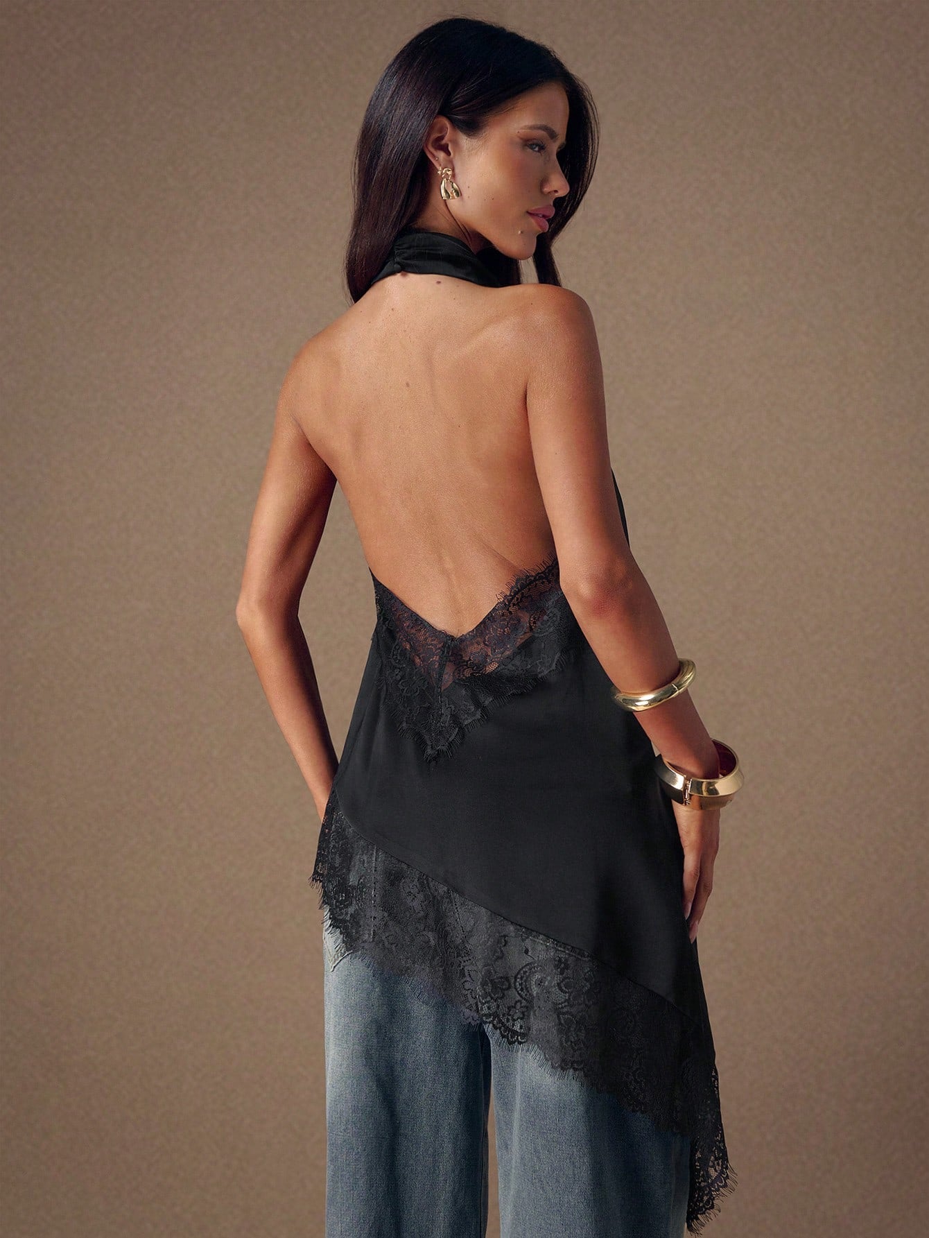 BAE Elegant Lace Trim Backless Camisole Top, Sexy Satin Patchwork Sleeveless Blouse for Party, Cocktail, Formal Occasions, Business Casual