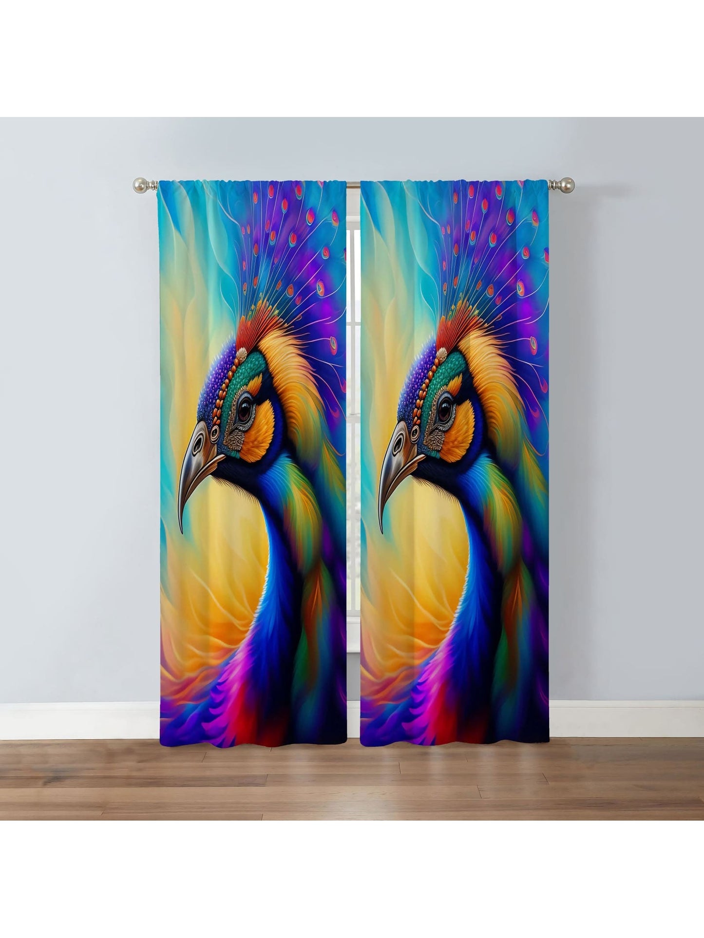 2Pcs Peacock Print Curtain