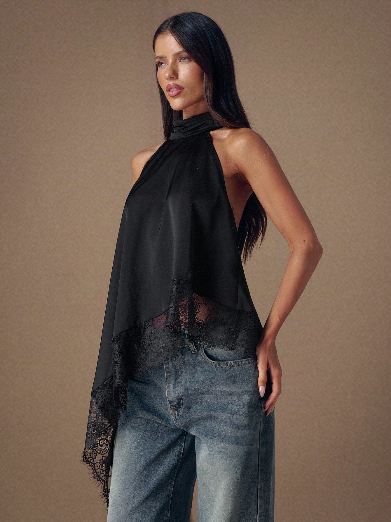 BAE Elegant Lace Trim Backless Camisole Top, Sexy Satin Patchwork Sleeveless Blouse for Party, Cocktail, Formal Occasions, Business Casual