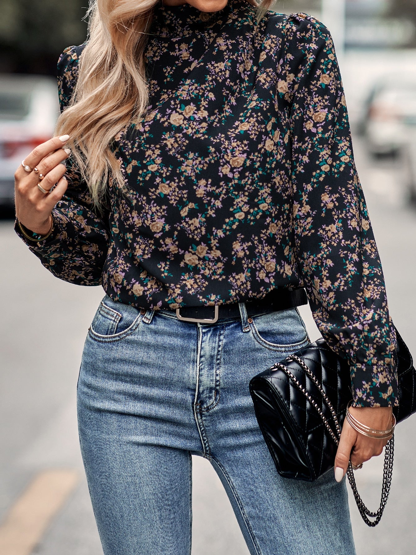 Ditsy Floral Mock Neck Blouse