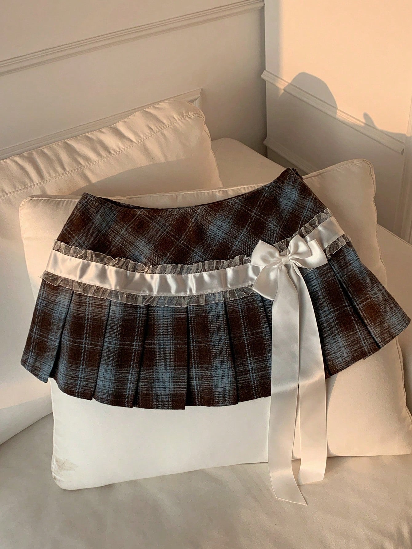Comfortcana 2025 New Fall and Winter Women'S Plaid Lace Bow Decor Fashionable School Style Pleated Skirt Christmas New Year Party Graduation Brown and Blue Skirt