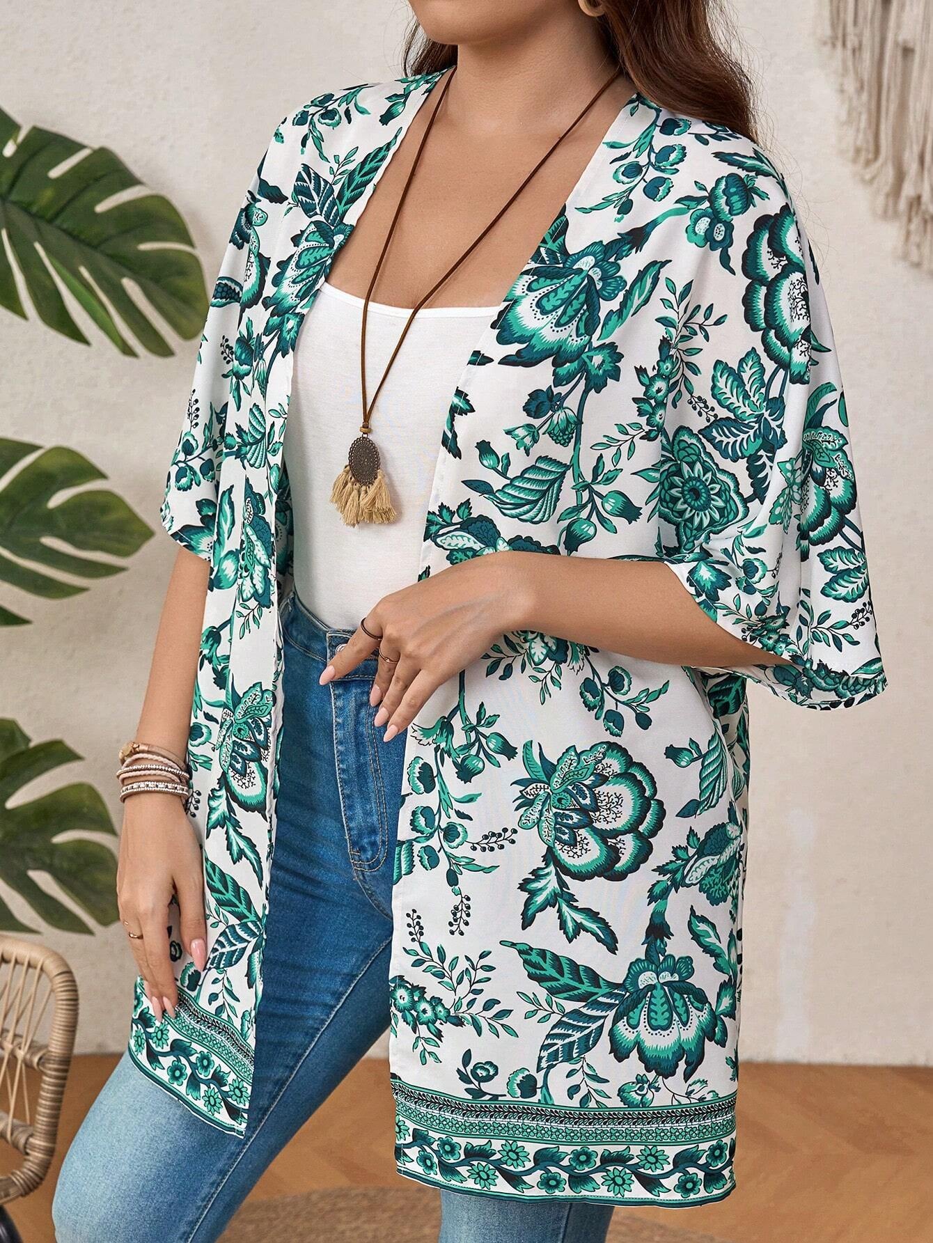 EMERY ROSE plus Size Women Floral Print Half Sleeve Open Front Kimono for Vacation for Summer Beach Vacation
