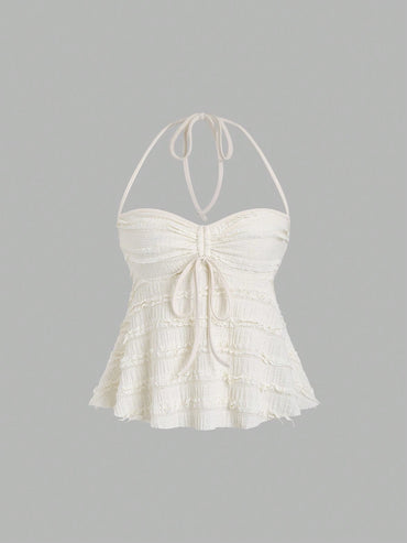 Sweetra Solid Color Drawstring Halter Backless Sexy Summer Tank Top