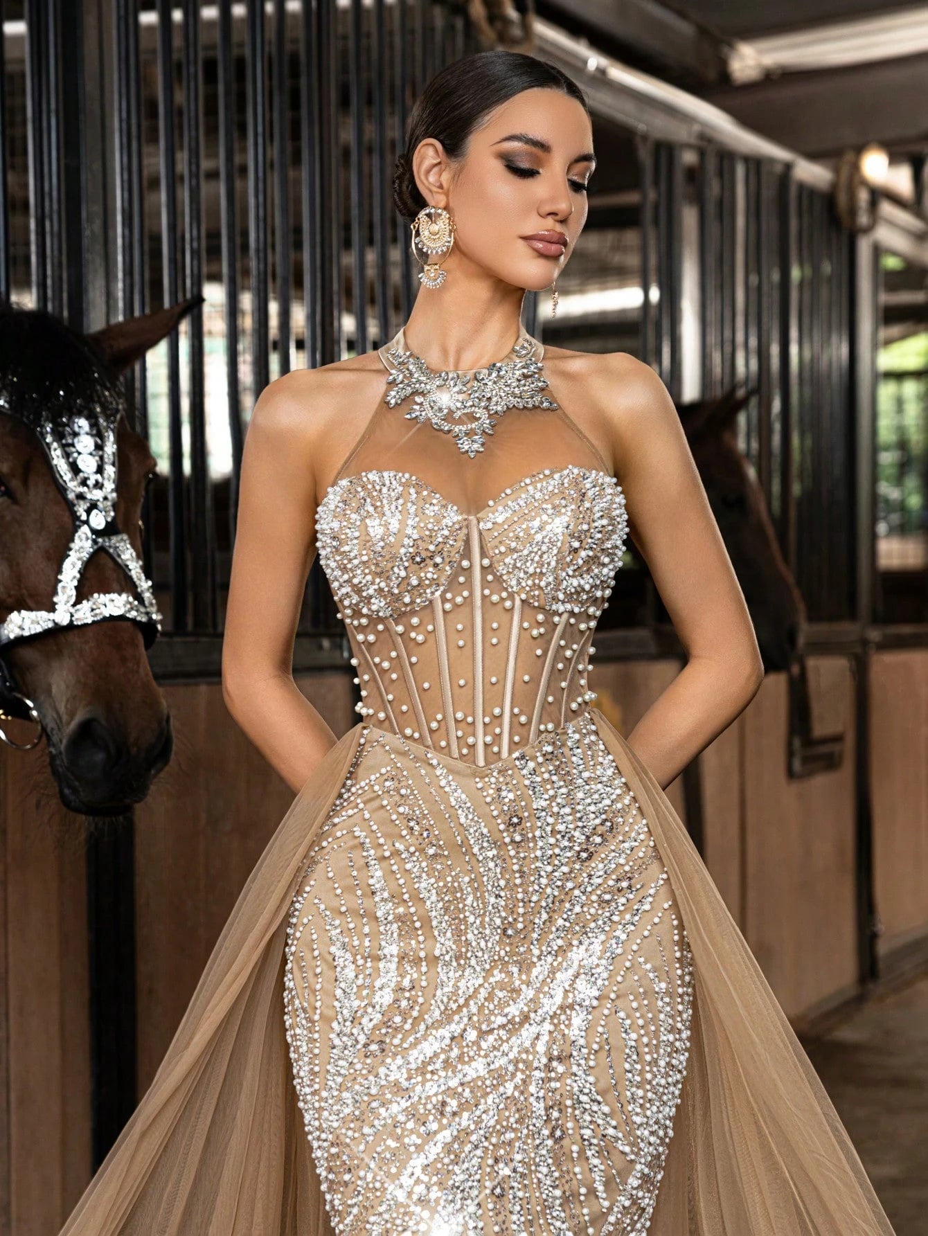 Sparkling Beads Party Formal Dress Sequins Embellishment Evening Gown Solid Color Semi-Translucent Women Halter Mermaid Hem Backless Maxi Dresses