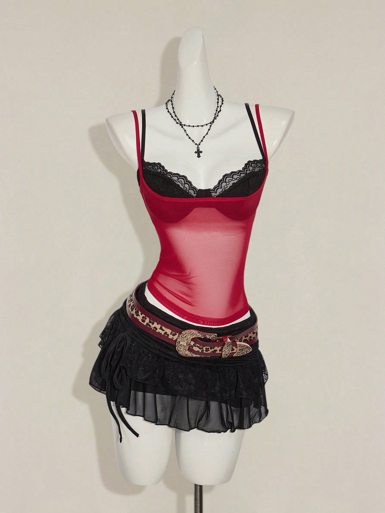ICON Women'S Red Sheer Lace Camisole Crop Top Vest