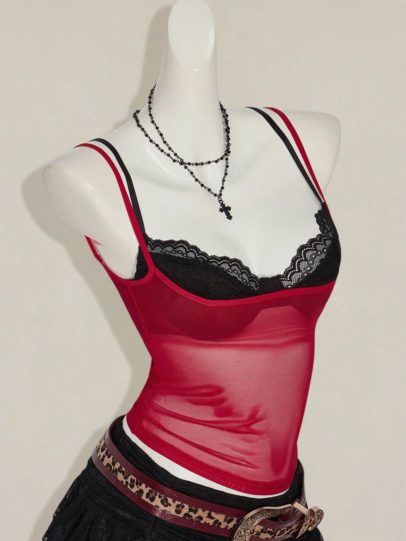 ICON Women'S Red Sheer Lace Camisole Crop Top Vest