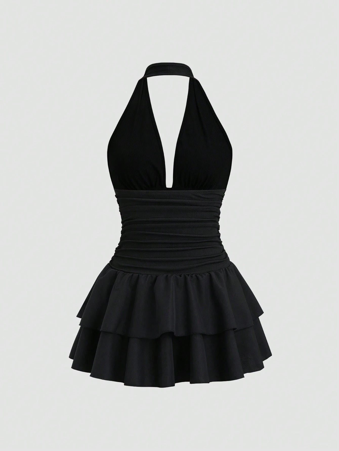 Sweetra Black Knit & Woven Patchwork V-Neck Ruffle Backless Mini Dress with Ruched Waist, Simple & Elegant for Vacation Casual Daily Wear, Spring/Summer for Women