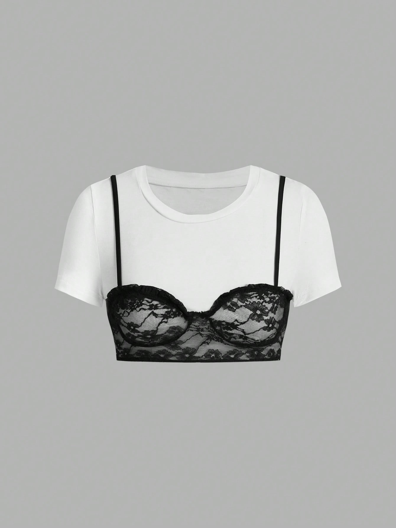 ICON Women'S Summer Crop Sleeve Contrast Lace Cropped T-Shirt with round Neck