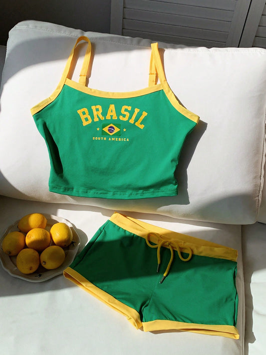 Comfortcana Summer Brazil Flag Colored Letter Printed Slim Fit Crop Top and Shorts Set