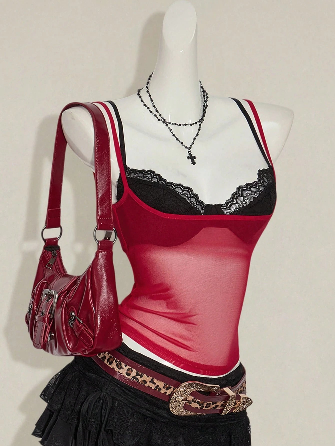 ICON Women'S Red Sheer Lace Camisole Crop Top Vest