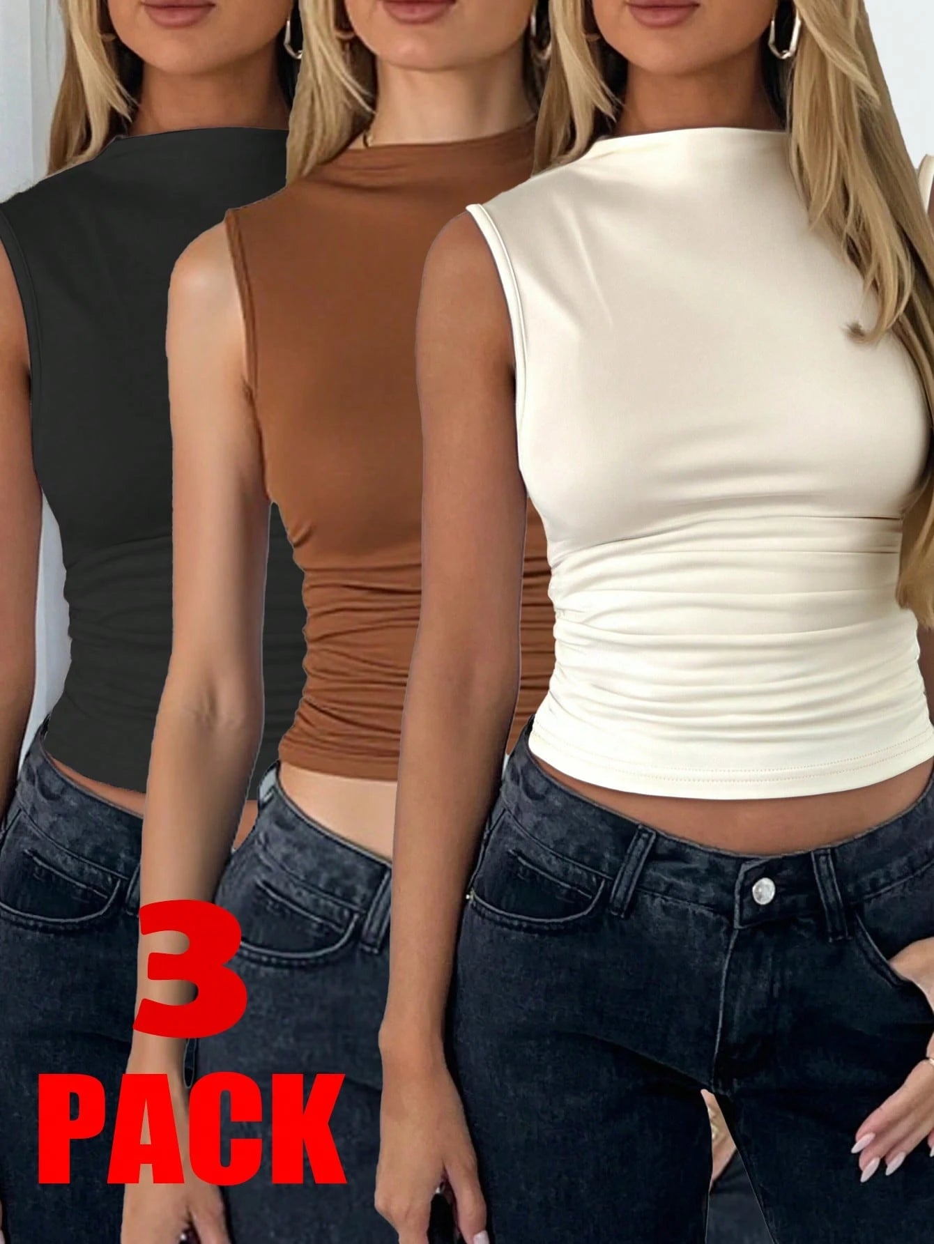 Siren Gaze 3Pcs Pleated Sleeveless Blouse Tops Summer Casual