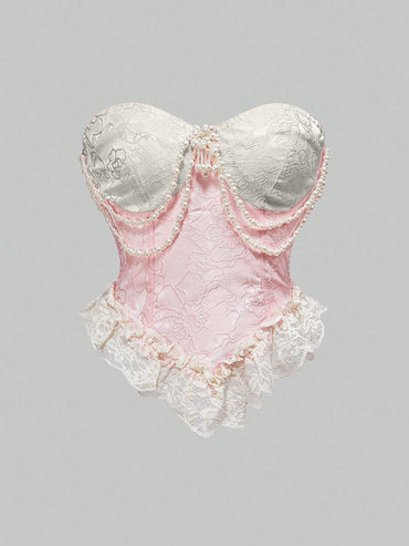 ROMWE Kawaii Vintage Victorian Style Lace Satin Pearl Brooch Decor Blouse, Puff Pink for Women