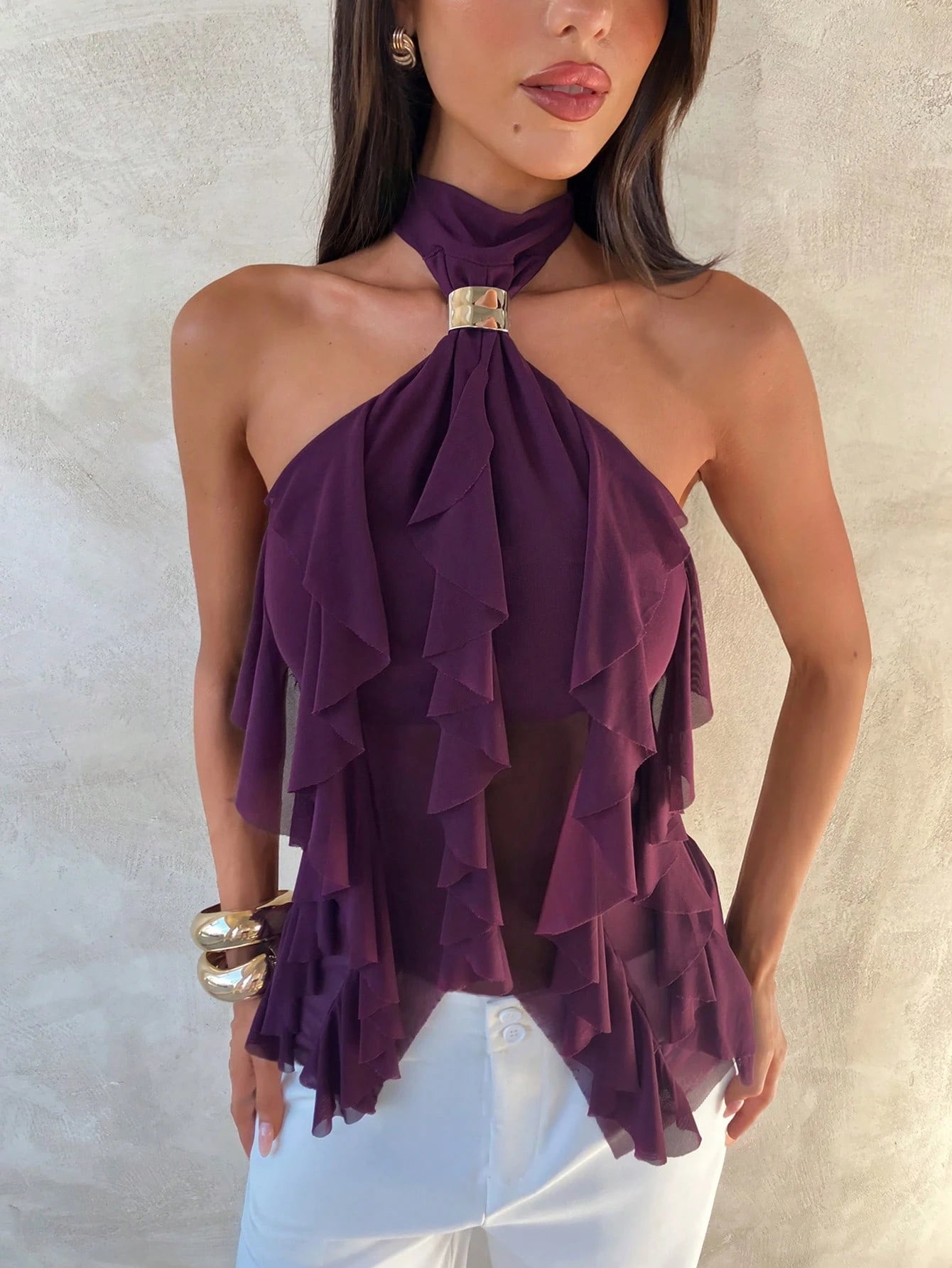 Aloruh Women'S Elegant Multi-Layer Ruffle Trim Stand Collar Fitted Tank Top Purple