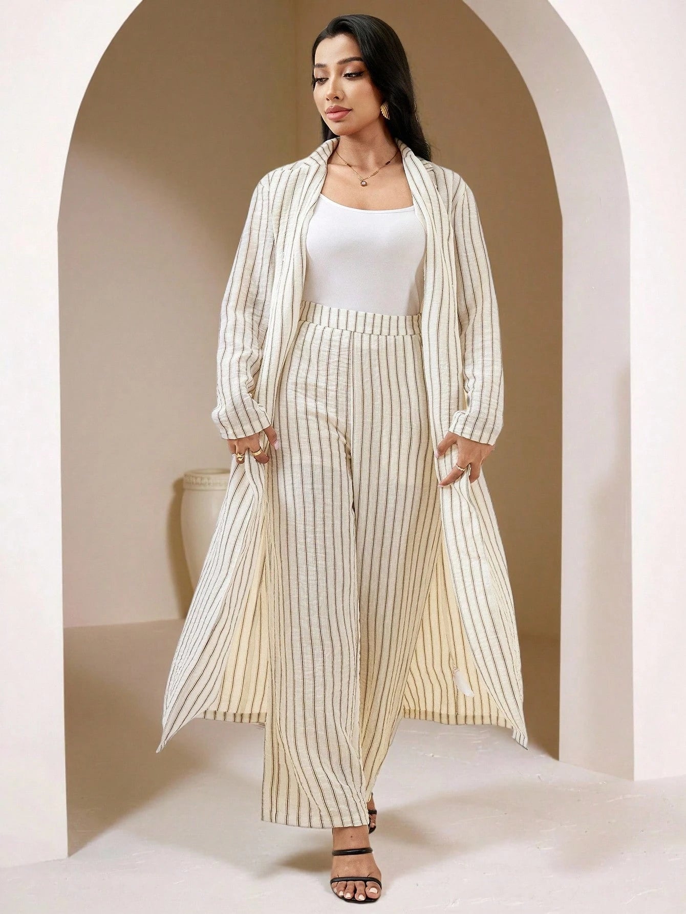 Veilorie Women'S Casual Commuter Striped Long Shirt and Pants Arabic Set