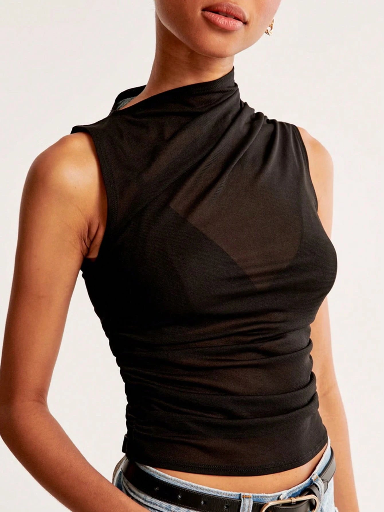 Siren Gaze Black Mesh See-Through Asymmetrical Neck Top, Music Festival Party Top, Summer Women'S,Easter /Concert Women Music Festival Holiday