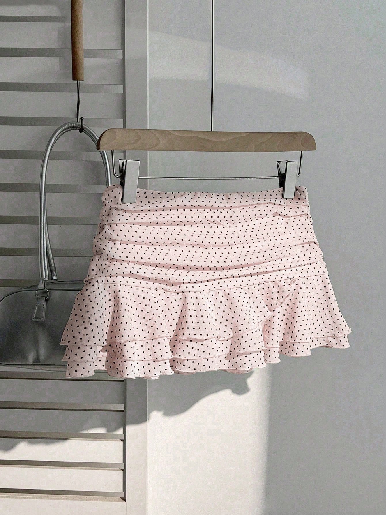 Elamini Fashionable Pleated Layered Decor Sweet Design Mini Skirt Charming Ruffled Polka Dot Vacation Style A-Line Skirt
